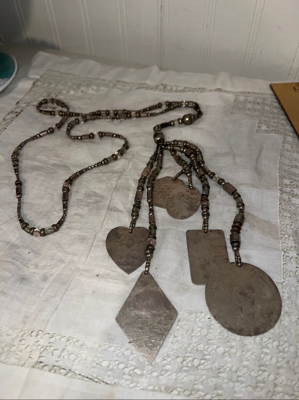 Silver tribal beaded necklace 24”